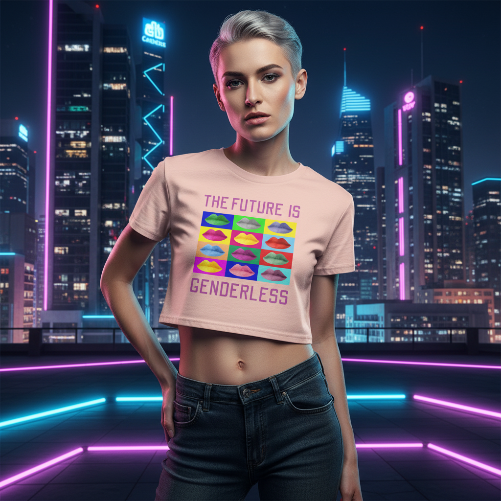 The Future Is Genderless crop top with rainbow lips and bold slogan