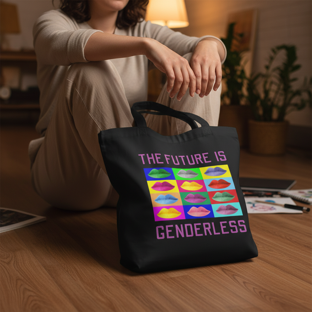 Black organic cotton tote bag with a pop-art grid of colorful lips and pink “The Future Is Genderless” text