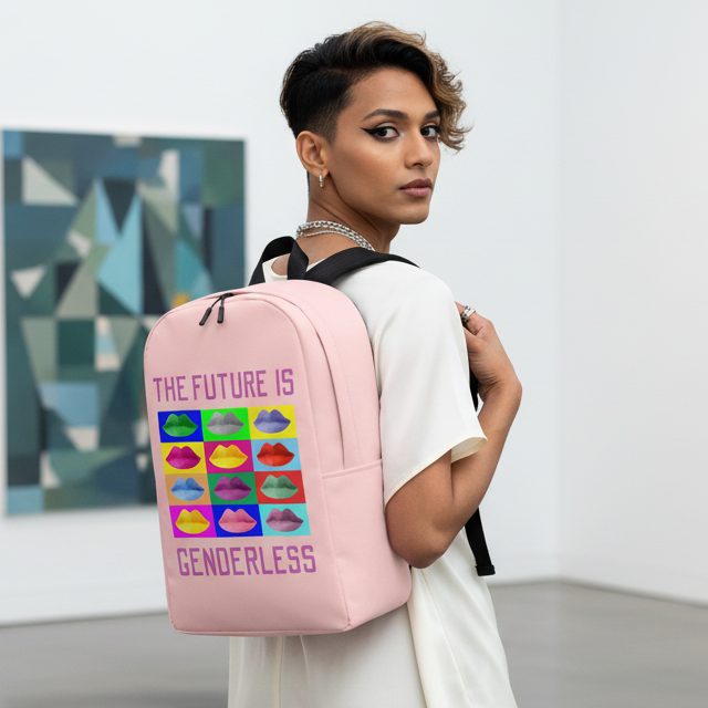 Minimalist backpack with colorful lips and “THE FUTURE IS GENDERLESS” slogan