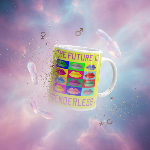 White mug floating at an angle, printed with colorful lips and “THE FUTURE IS GENDERLESS”
