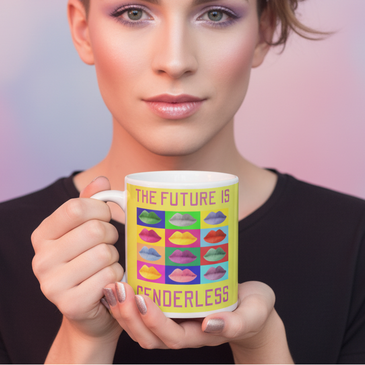 Person holding a white mug reading “THE FUTURE IS GENDERLESS,” with colorful lips in a grid