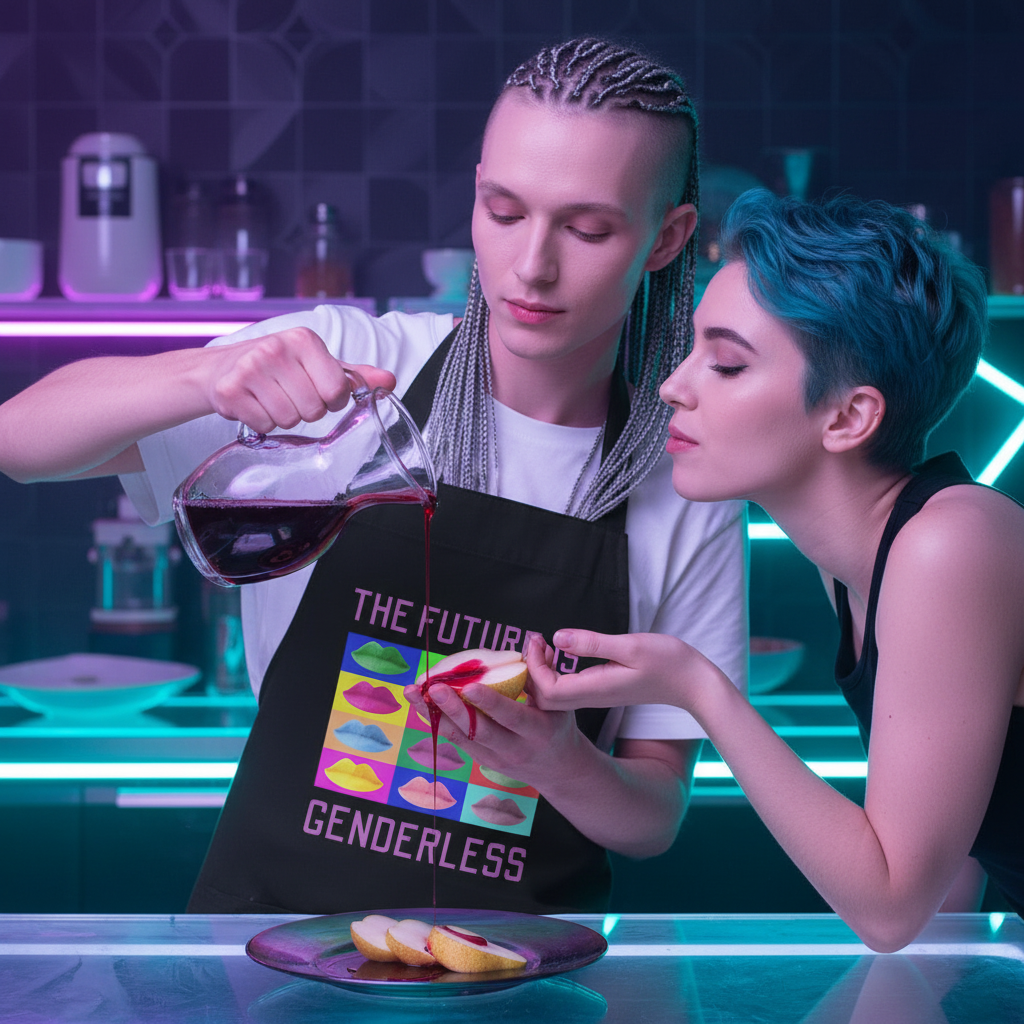 Person pouring red sauce onto cookies while wearing a black “THE FUTURE IS GENDERLESS” apron