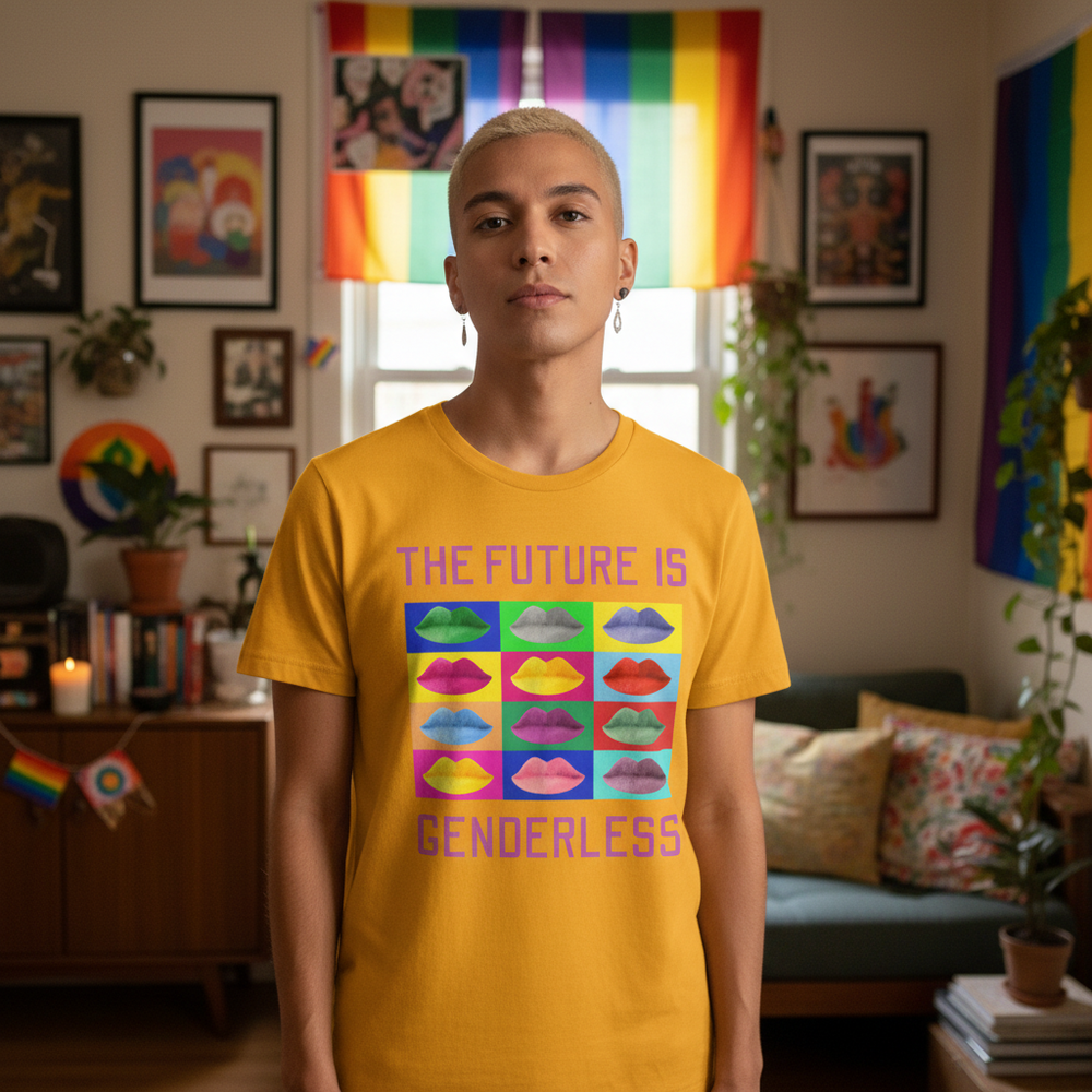 Yellow unisex The Future Is Genderless tee with rainbow lips and pride-themed art