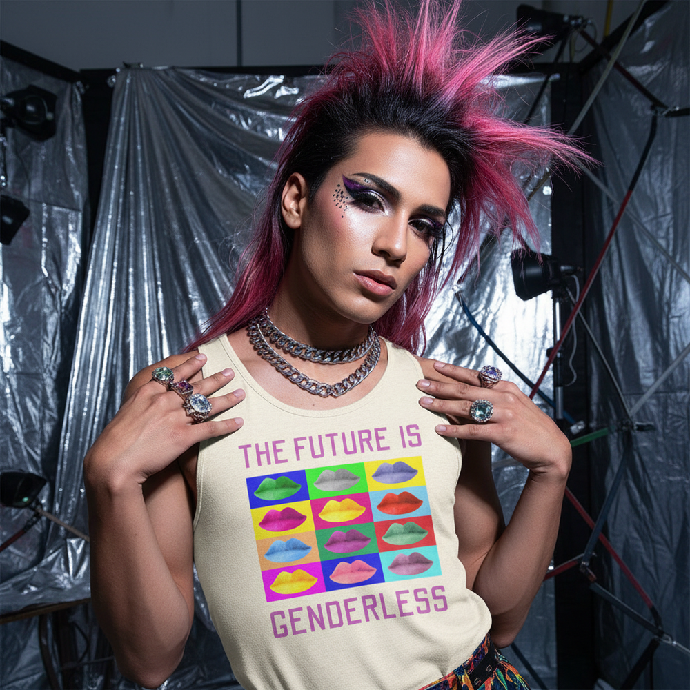 Unisex tank top reads "The Future Is Genderless," shows bright lips; model with pink spiked hair poses in bold