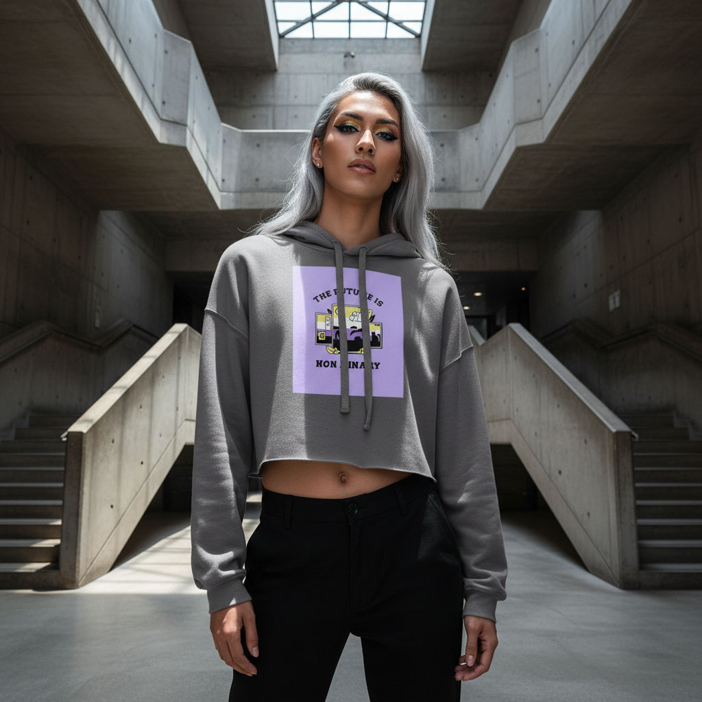 The Future Is Non-Binary crop hoodie with bold graphic, paired with black pants; silver-haired femme stands in sunlit