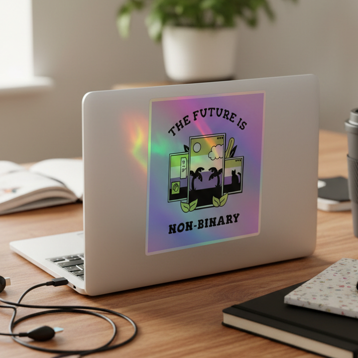 Laptop covered in “The Future Is Non-Binary” holo stickers with nature and tech icons