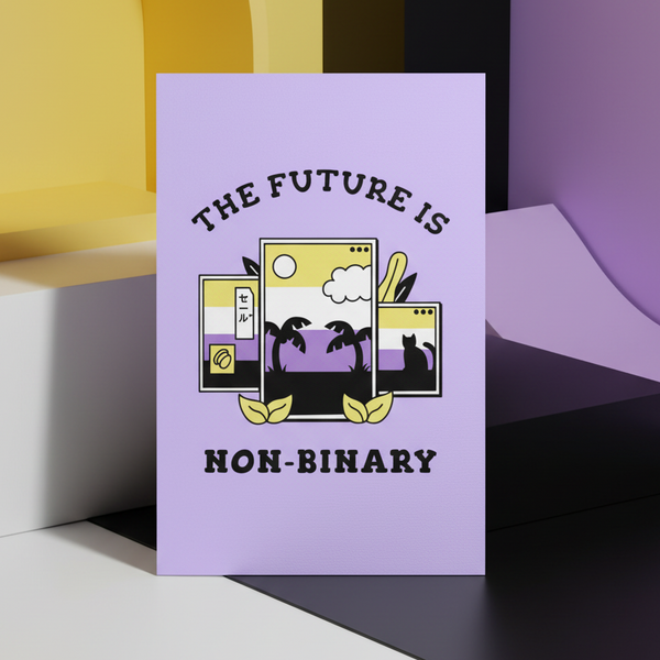Postcard with bold black “The Future Is Non-Binary” text on lavender, plus window frames, palm trees