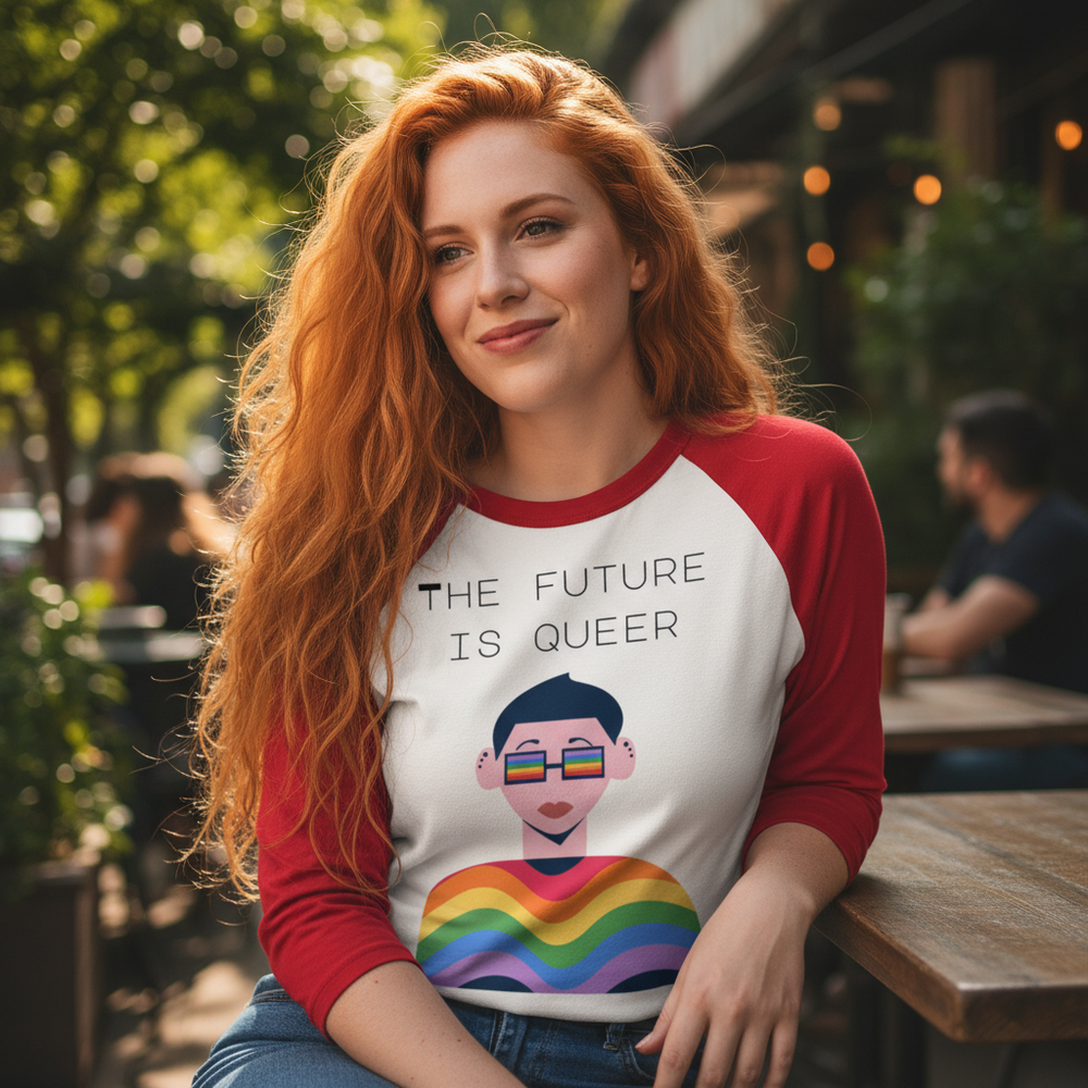 Person wearing a red-sleeved raglan shirt reading “THE FUTURE IS QUEER” with a rainbow graphic