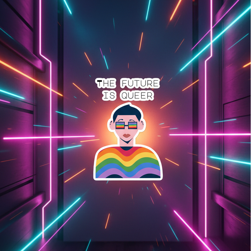 Bubble-free sticker showing a short-haired person in sunglasses, rainbow-striped shirt, neon lines