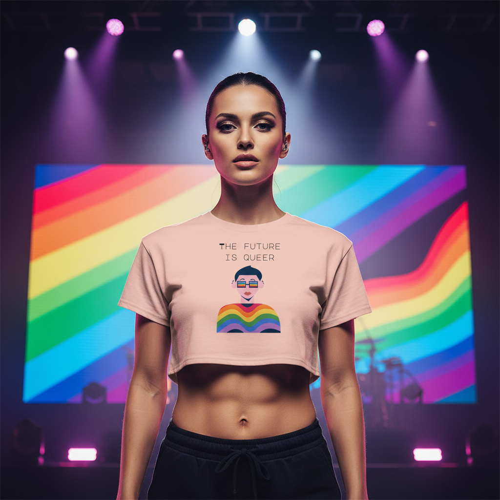 Crop top reads “The Future Is Queer” in bold text, with a rainbow graphic