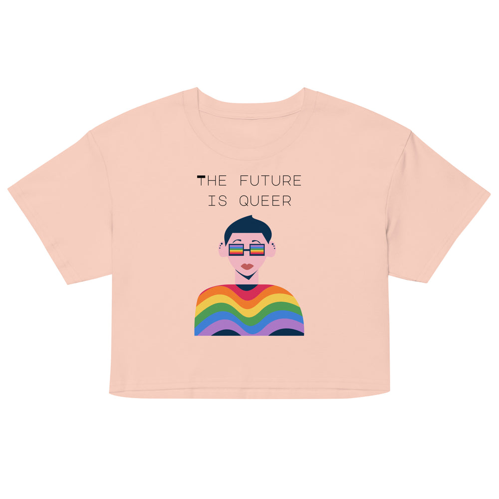 Front-view peach crop top reading “THE FUTURE IS QUEER,” with a rainbow-shirted figure