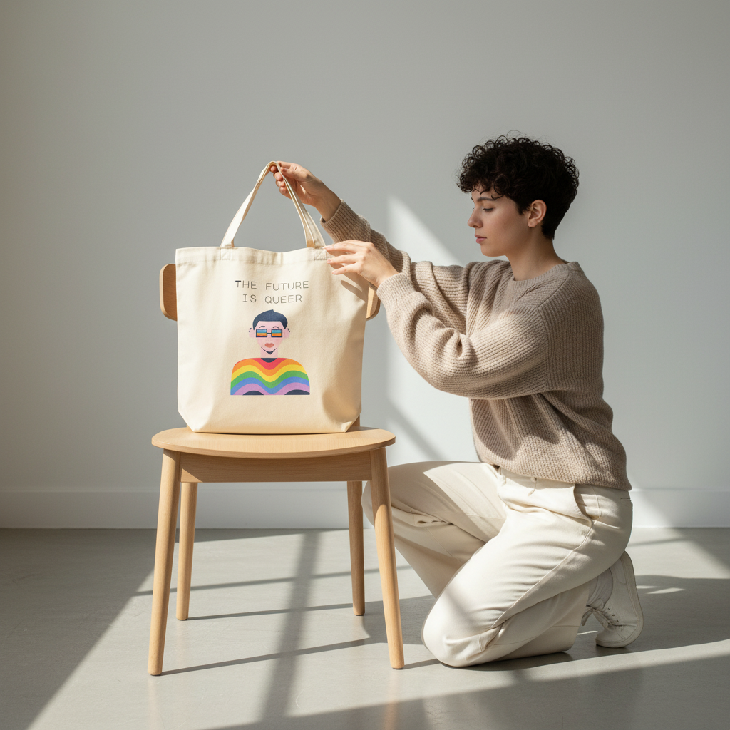 Eco tote bag reads "THE FUTURE IS QUEER" with rainbow design. Queer person in beige sweater and white pants kneels by chair.