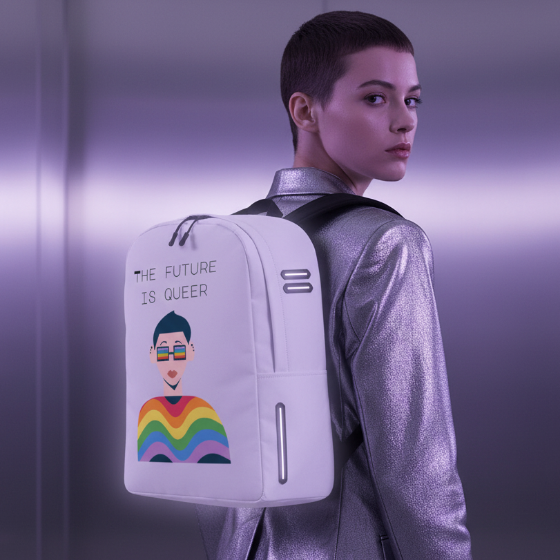 White backpack worn by a short-haired model, reading “THE FUTURE IS QUEER” with a rainbow figure