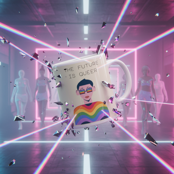 Angled white mug reading “THE FUTURE IS QUEER,” with a rainbow illustration