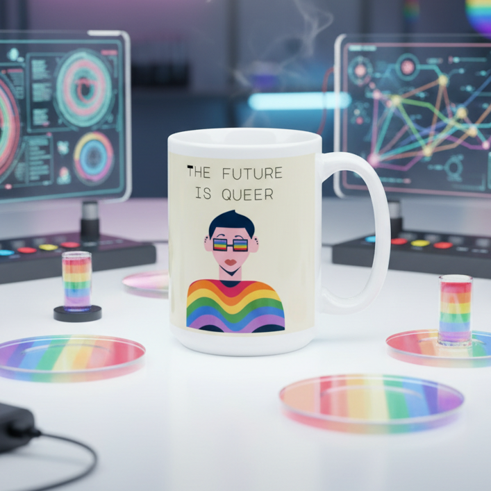 White mug reading “THE FUTURE IS QUEER,” with a rainbow-shirted figure and glasses