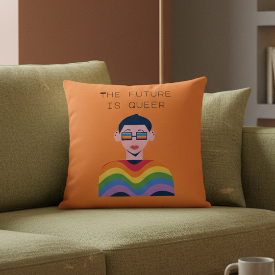 Queer pillow on orange fabric with an illustrated person in glasses, rainbow-striped shirt