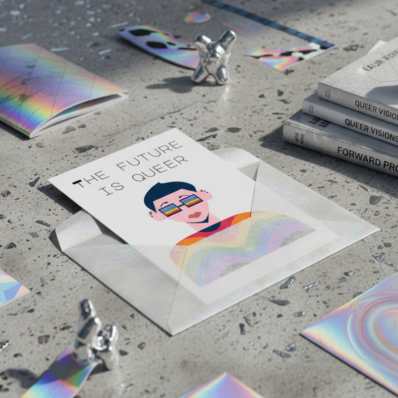 Postcard with “THE FUTURE IS QUEER,” rainbow glasses illustration, in shimmery envelope on terrazzo with queer-themed books.