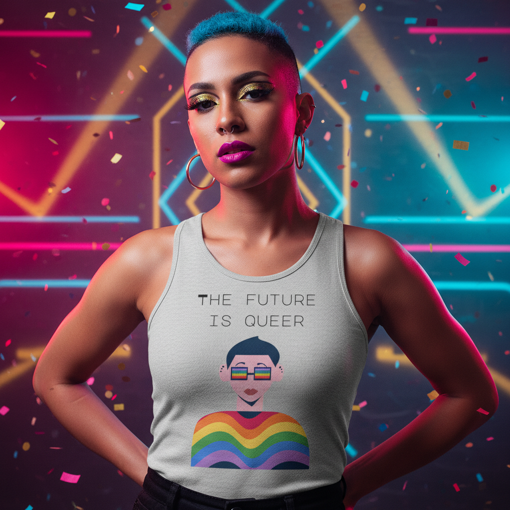 Unisex tank top reads "The Future Is Queer" with a Pride rainbow, worn by person with blue buzzcut, bold makeup, hoops