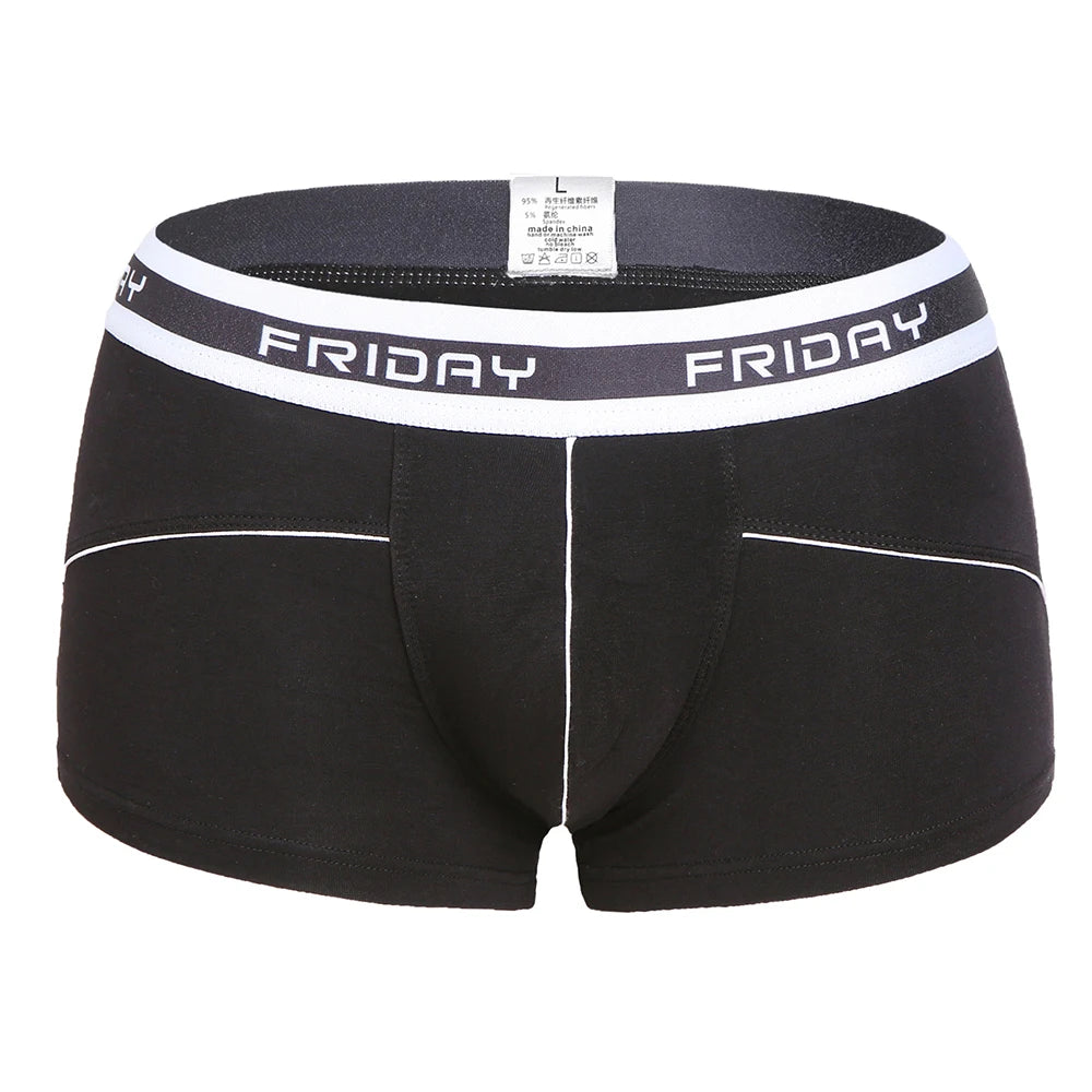 Front view of black boxer briefs with white piping and a waistband reading “FRIDAY.”