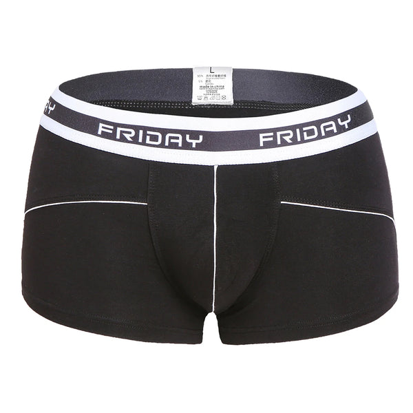 Front view of black boxer briefs with white piping and a waistband reading “FRIDAY.”