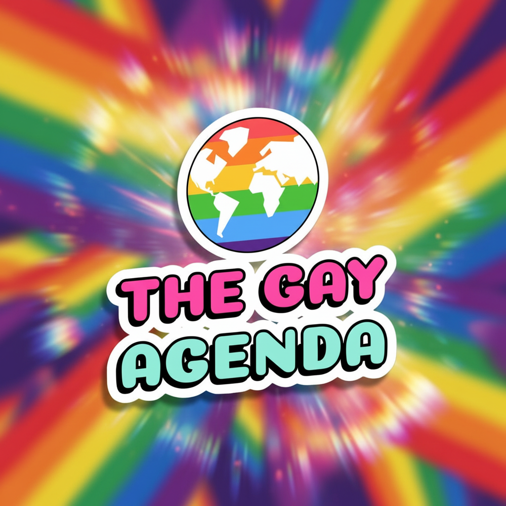 Bubble-free vinyl sticker with a rainbow tie-dye background, rainbow-striped globe, and bold “THE GAY AGENDA” text