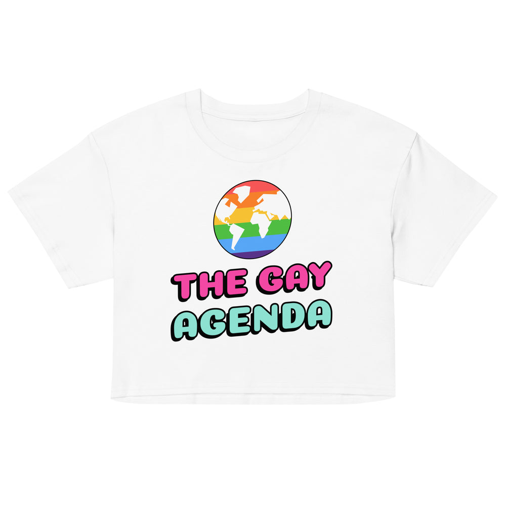 Front view of a white crop top reading “THE GAY AGENDA” beneath a rainbow world map