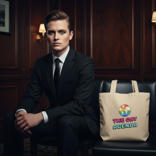 Eco tote bag featuring a rainbow globe and “THE GAY AGENDA” sits beside a suit-clad person