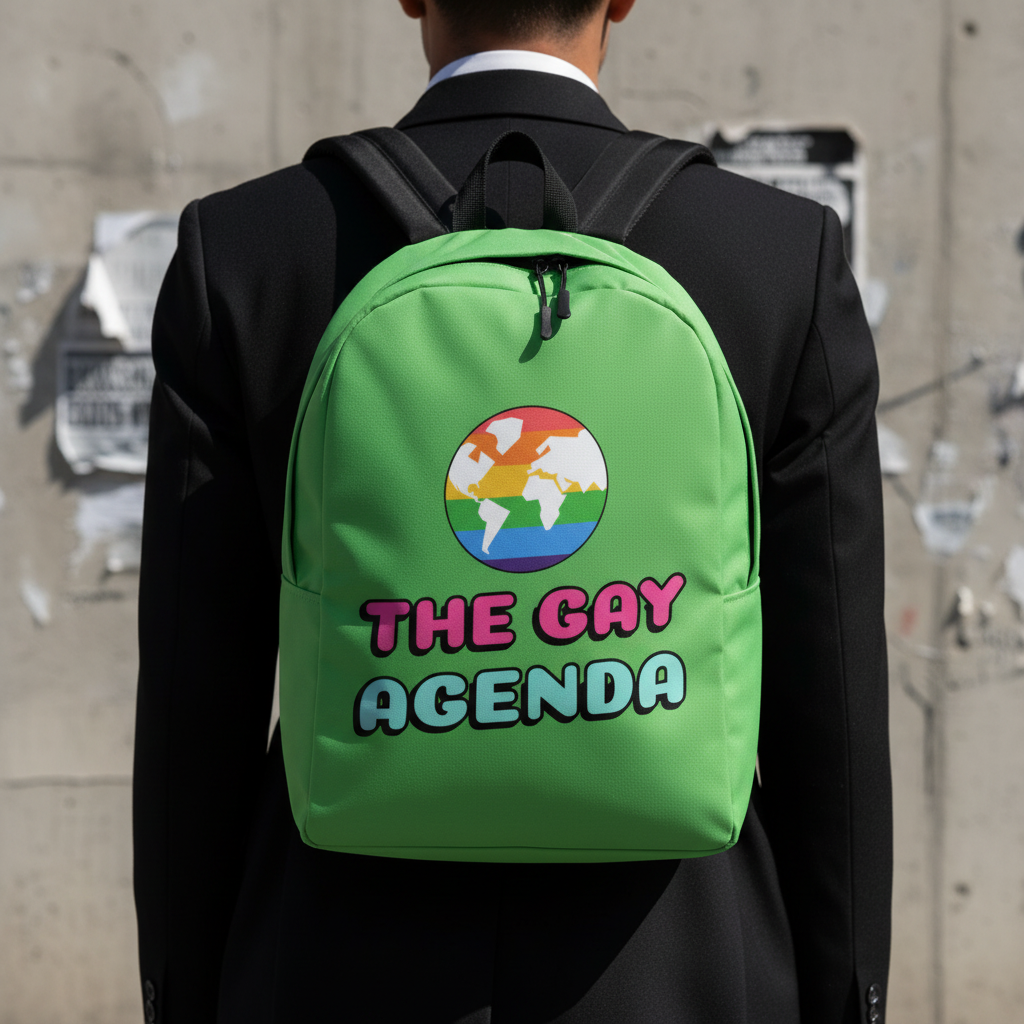 Bright green backpack reading “THE GAY AGENDA,” worn on a person in a black suit