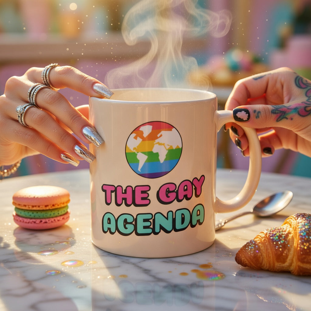 The Gay Agenda Mug with a pride globe and “THE GAY AGENDA” text, held by ringed hands with rainbow nails on marble table.