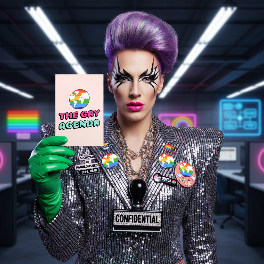 The Gay Agenda Postcard held by a person in bold makeup, purple hair