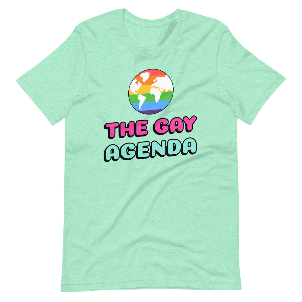 Flat-lay mint-green T-shirt with a rainbow world map and “THE GAY AGENDA” text