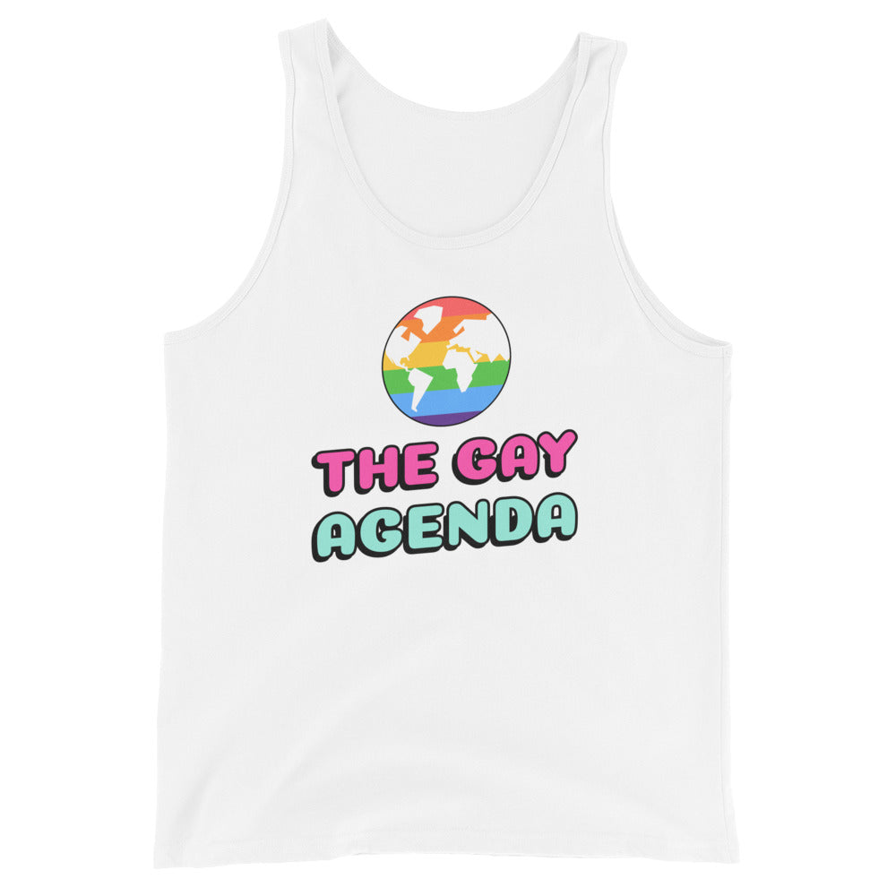 Front view of a white tank top reading “THE GAY AGENDA” with a rainbow globe graphic