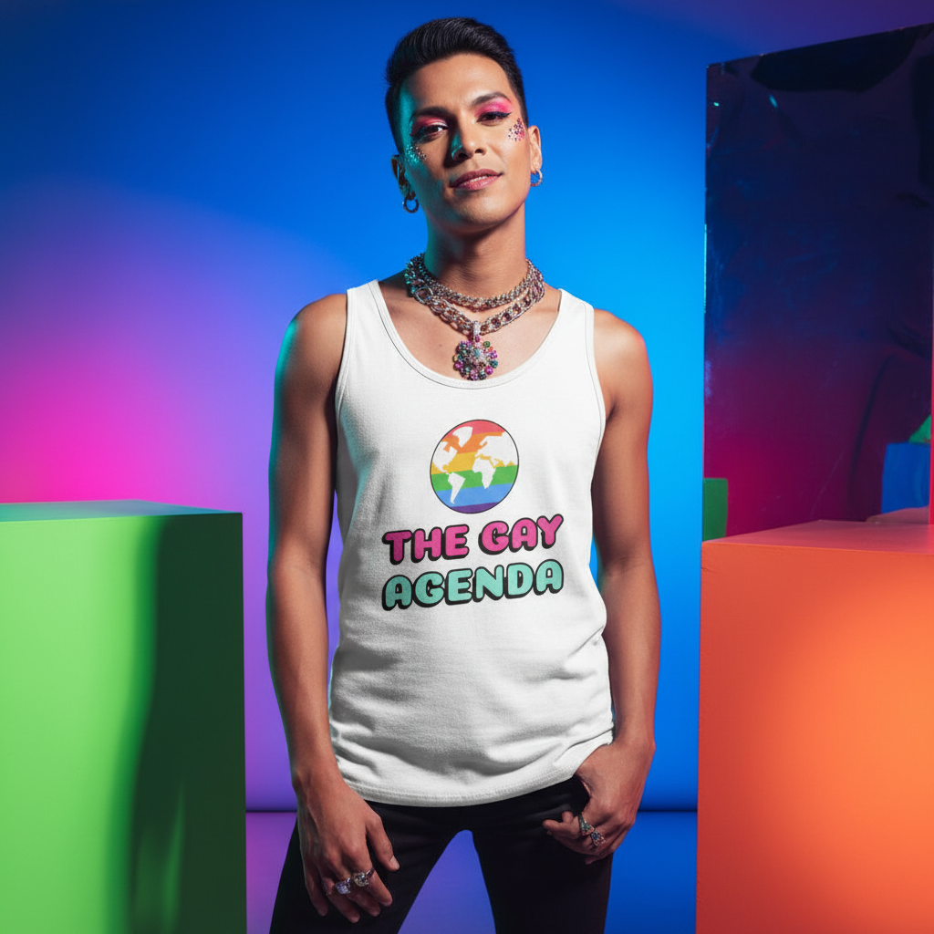Front-facing model wearing a white tank top reading “THE GAY AGENDA” with a rainbow globe