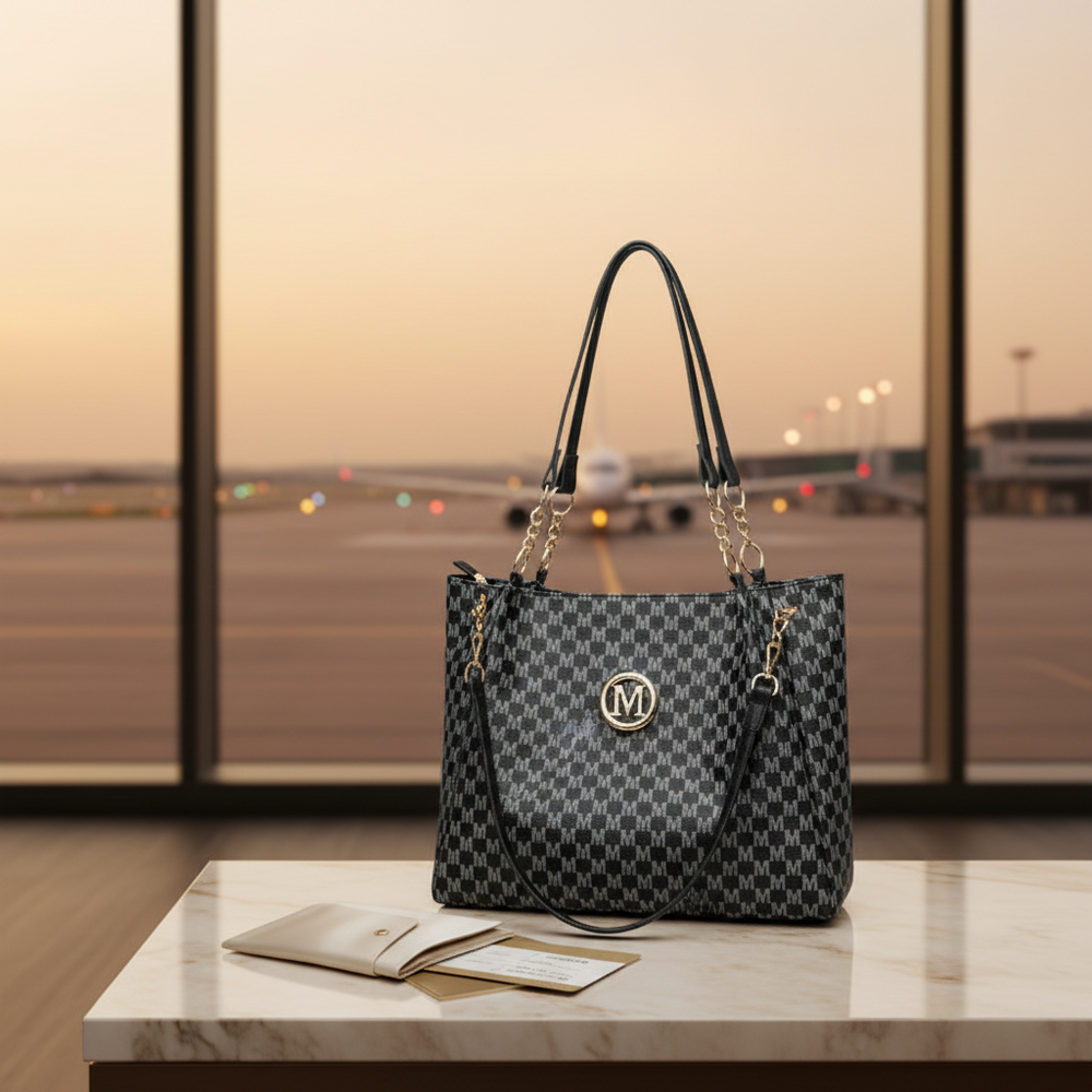 Black patterned tote bag with gold chain handles on a marble table by an airport window