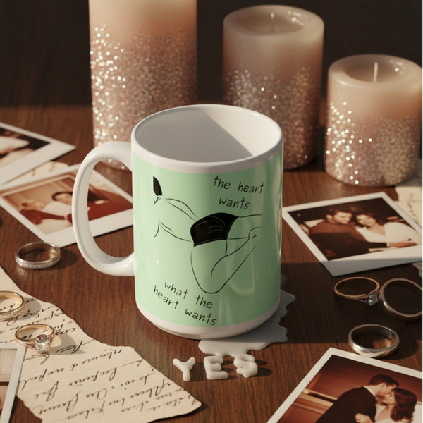 Mint-green mug reading “the heart wants what the heart wants,” with line-art figure