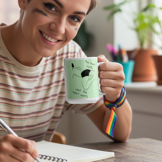 Smiling person holds a pale green mug reading “the heart wants what the heart wants”
