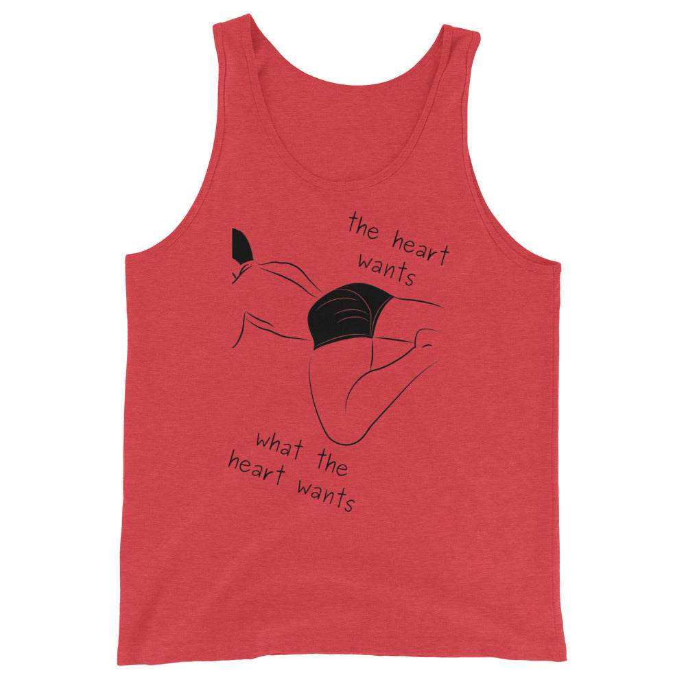 Red unisex tank top with a minimalist black line sketch of a person in black underwear