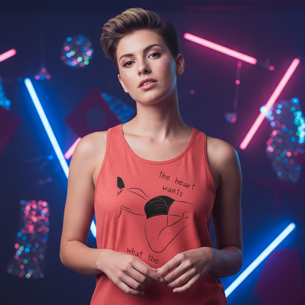 Unisex tank top with an abstract design and the phrase “the heart wants what the,” worn by a short-haired person