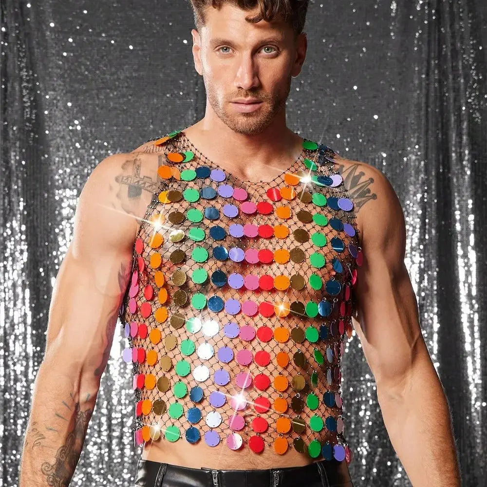 Front-facing model wearing a multicolored sequin-covered fishnet disco tank top