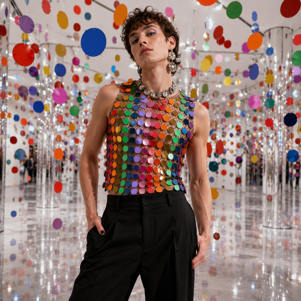 Front view of a model wearing a multicolored sequin mesh tank top with black trousers