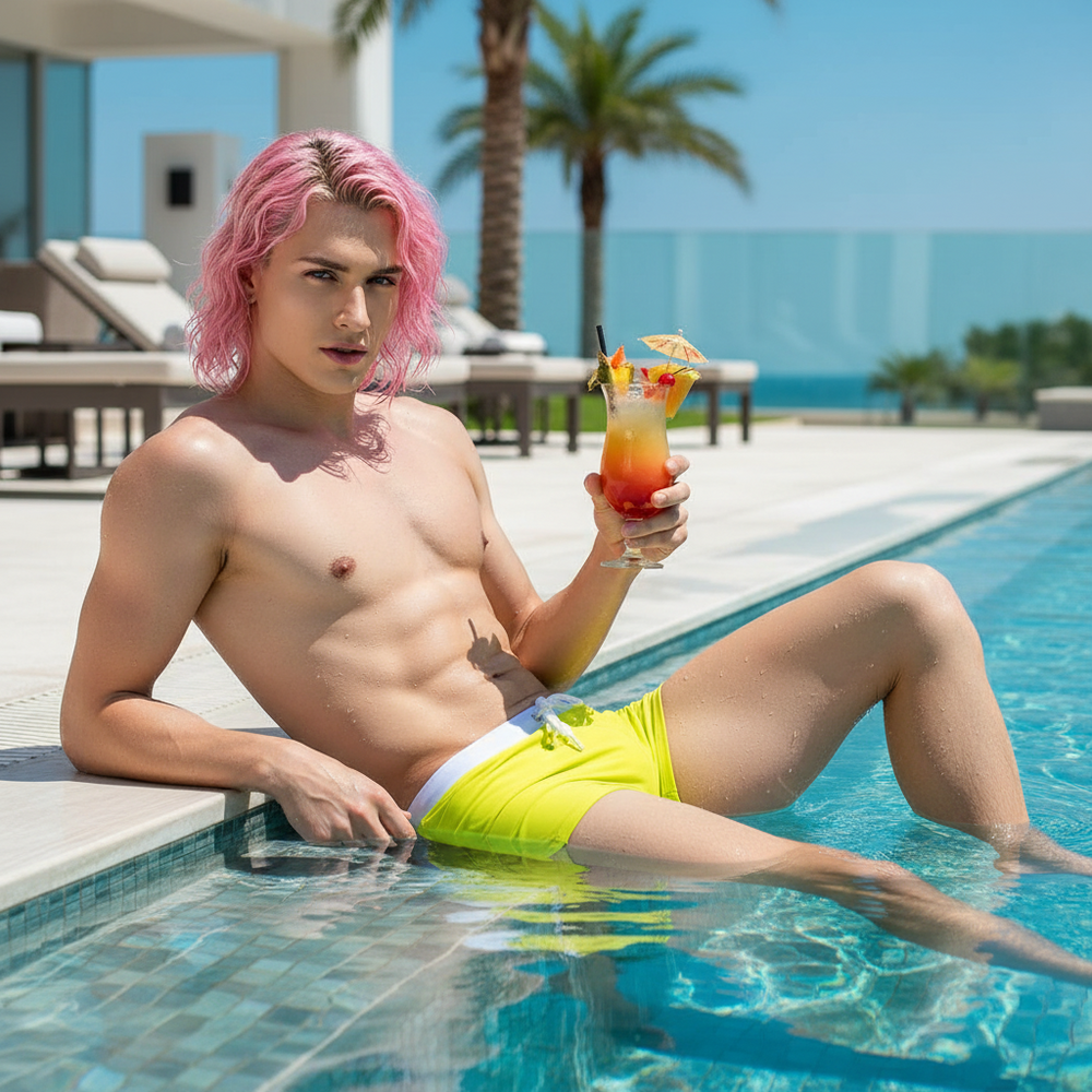 Model wearing neon yellow swim briefs while reclining beside a pool with a tropical drink