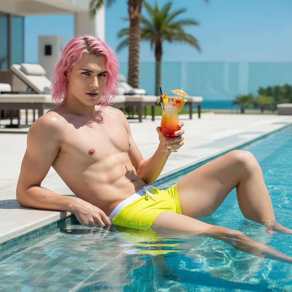Model wearing neon yellow swim briefs while reclining beside a pool with a tropical drink
