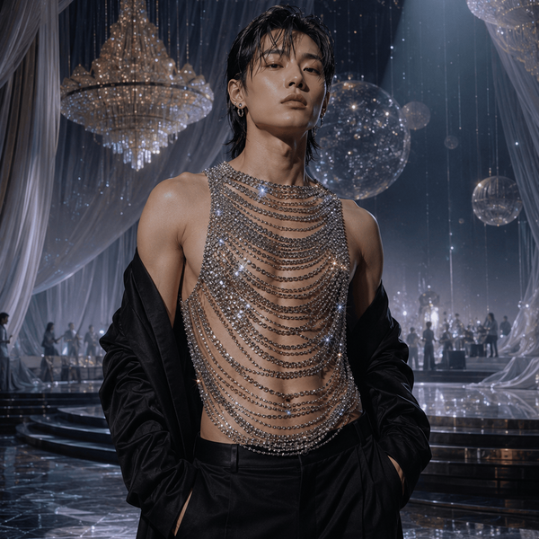 Model wearing a sheer, rhinestone-draped harness top with a black jacket and trousers