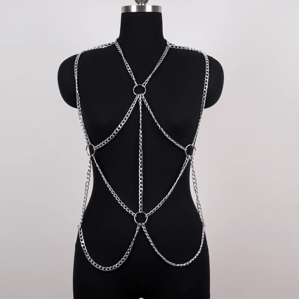 Silver metal chain harness displayed front-facing on a black mannequin