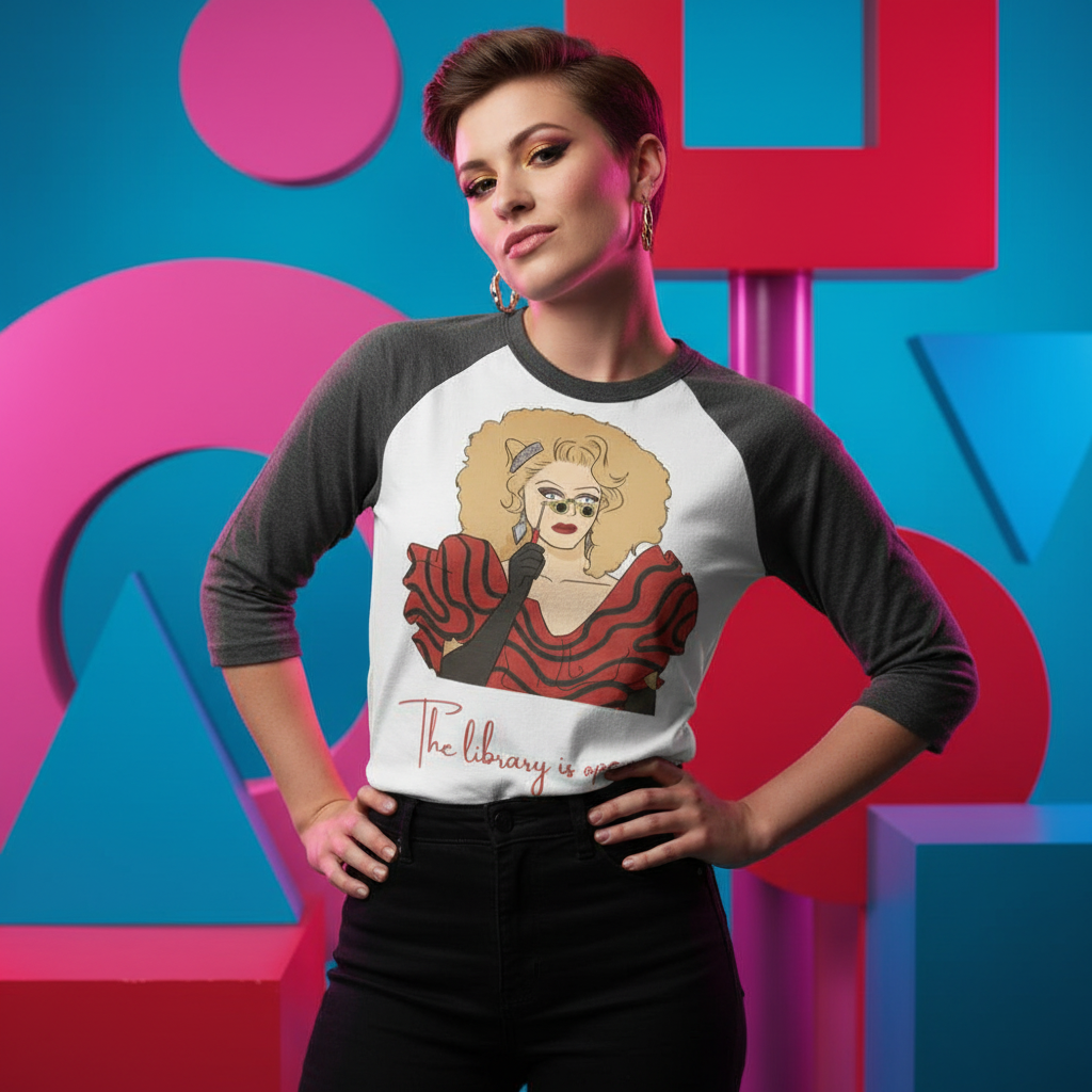 Model wearing a white-and-charcoal raglan shirt with a drag queen illustration and “The Library Is Open” text