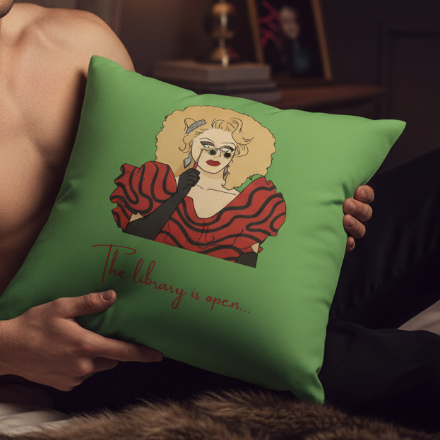 A green premium pillow shows a drag queen with blonde hair, glasses, red-striped dress