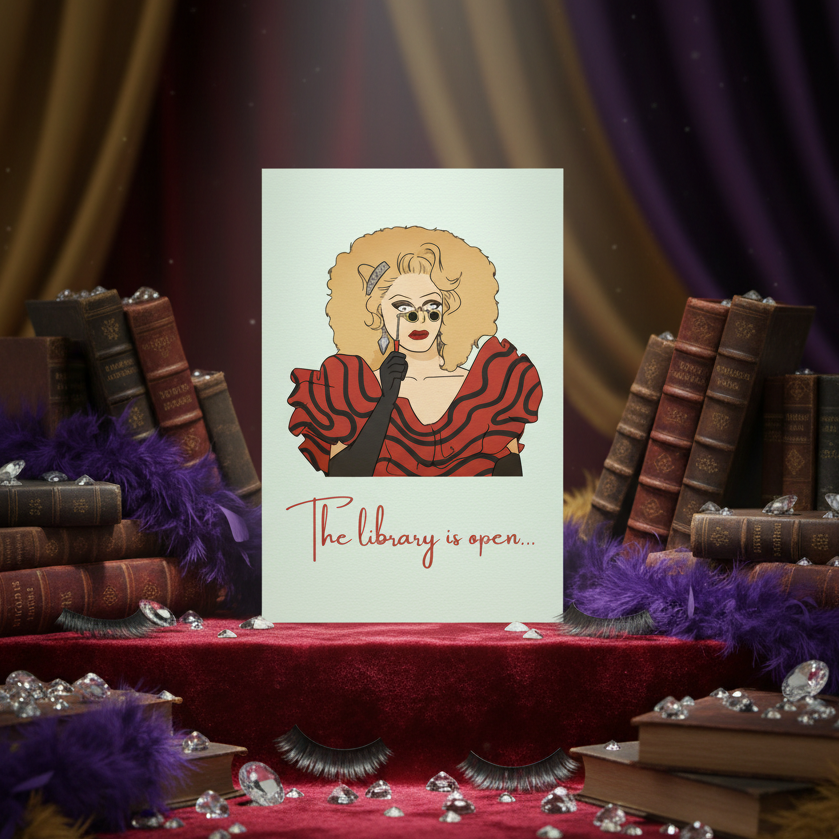 Postcard shows a drag queen in red stripes, big blonde hair, monocle, with books, purple feathers, rhinestones