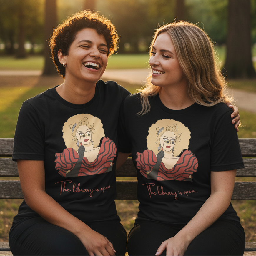 Matching cotton "The Library Is Open (Rupaul)" T-shirts with a drag queen graphic and “The library is open...” slogan