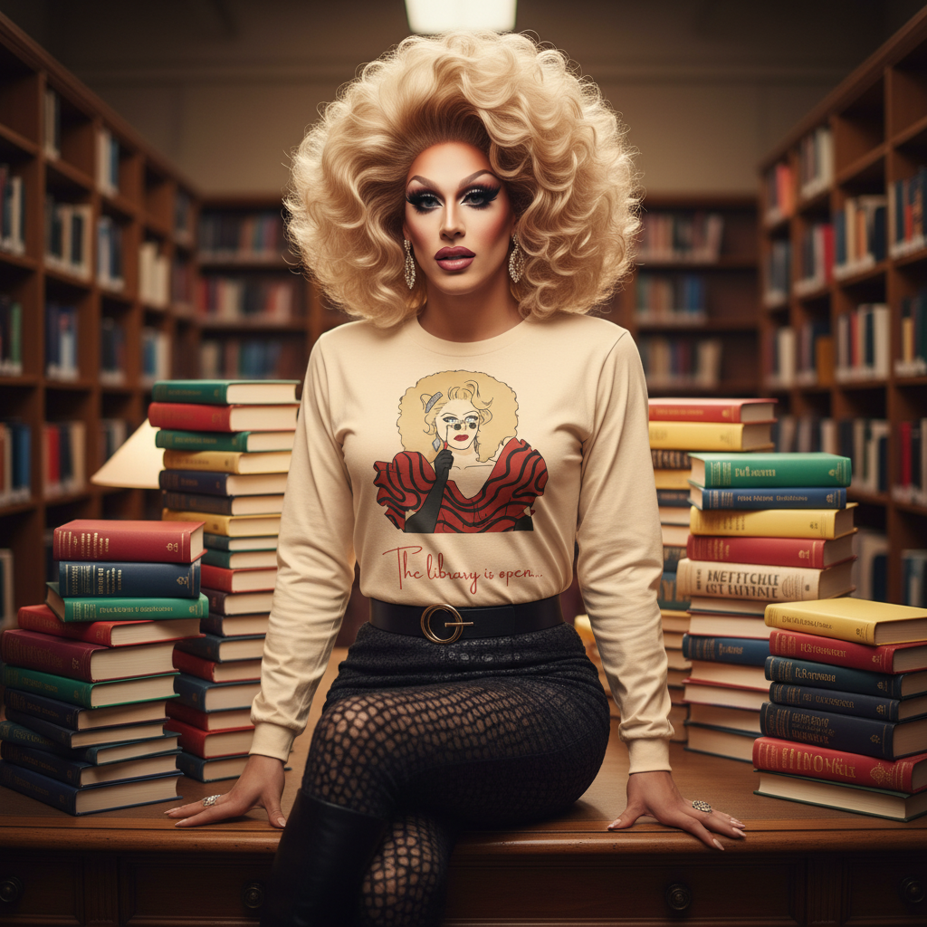 The Library Is Open (Rupaul) Unisex Long Sleeve T-Shirt worn by a drag queen with big blonde hair, glam makeup