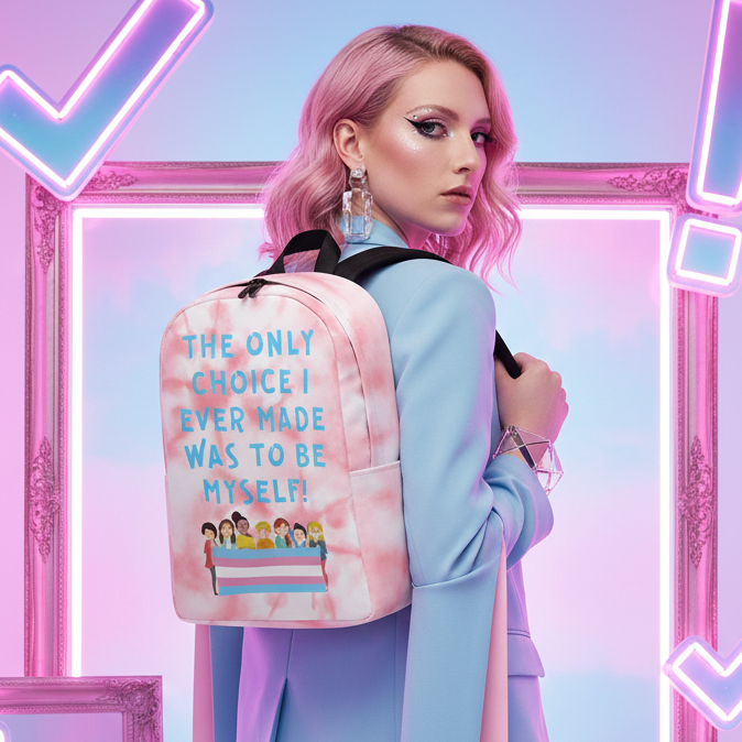 The Only Choice I Ever Made Minimalist Backpack on a queer femme with pastel pink hair, shimmer makeup